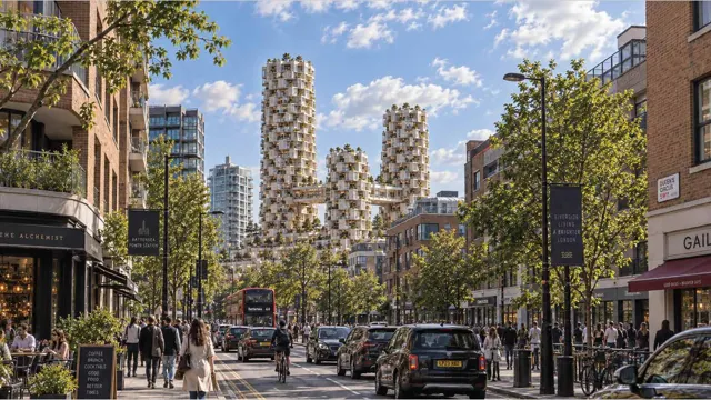 Street-level visualisation of a planted multi-tower urban development.