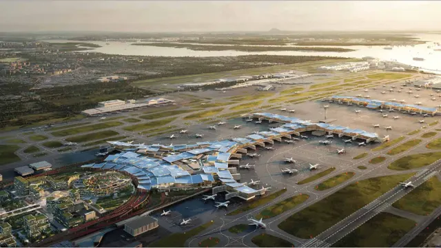 Aerial architectural visualisation of an airport and its surrounding public landscape.