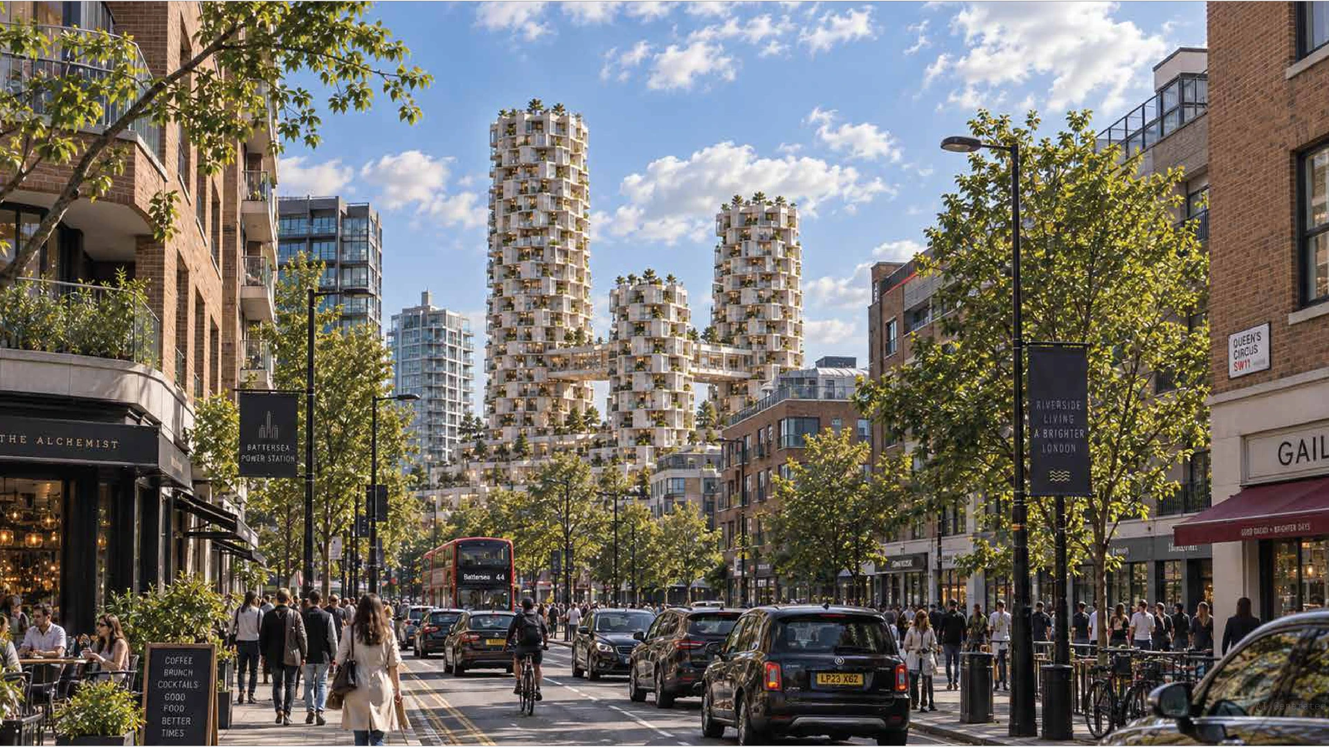 Street-level visualisation of a planted multi-tower urban development.