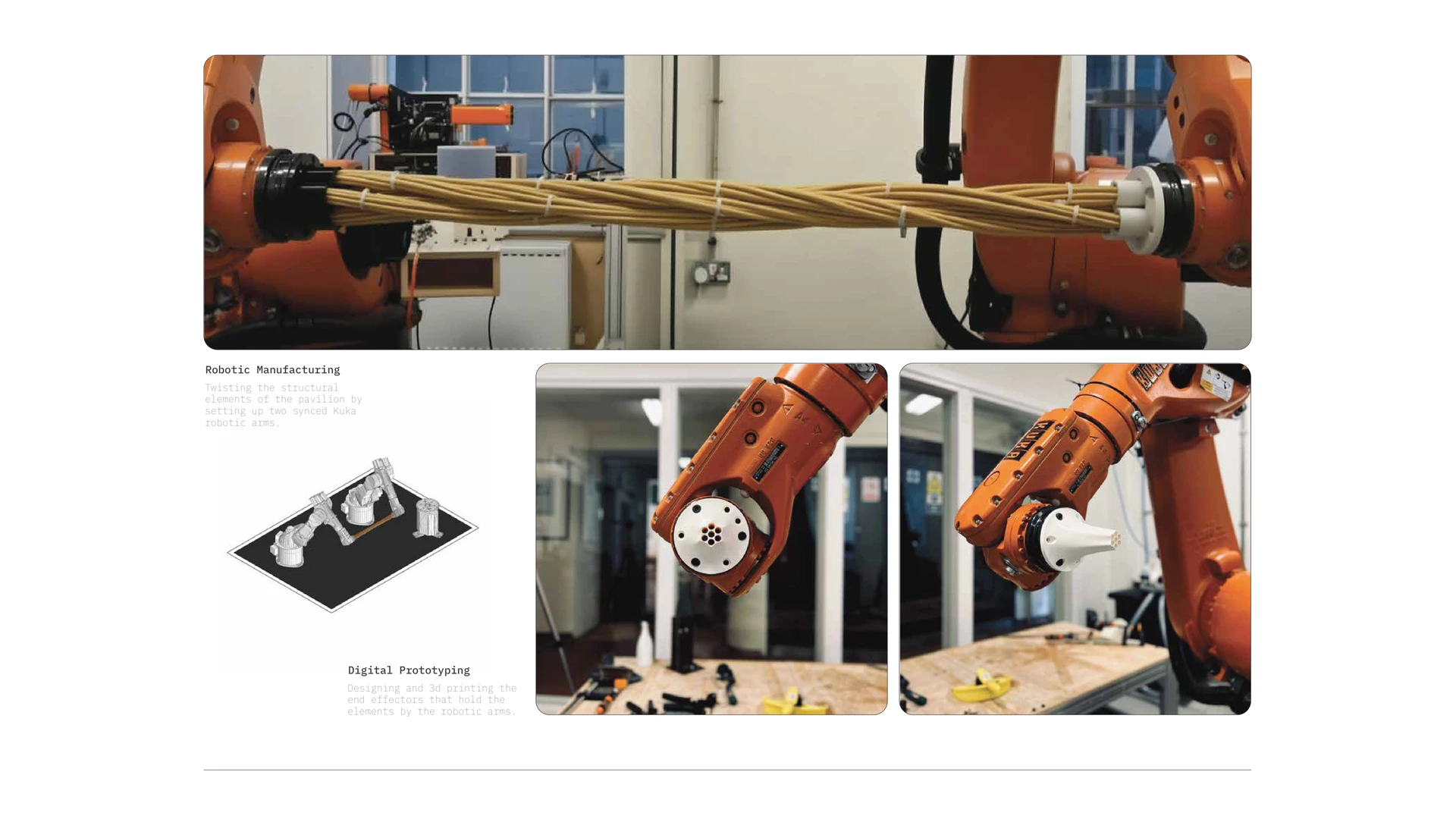 Robotic rattan fabrication and prototypes of the tools used to form pavilion components.