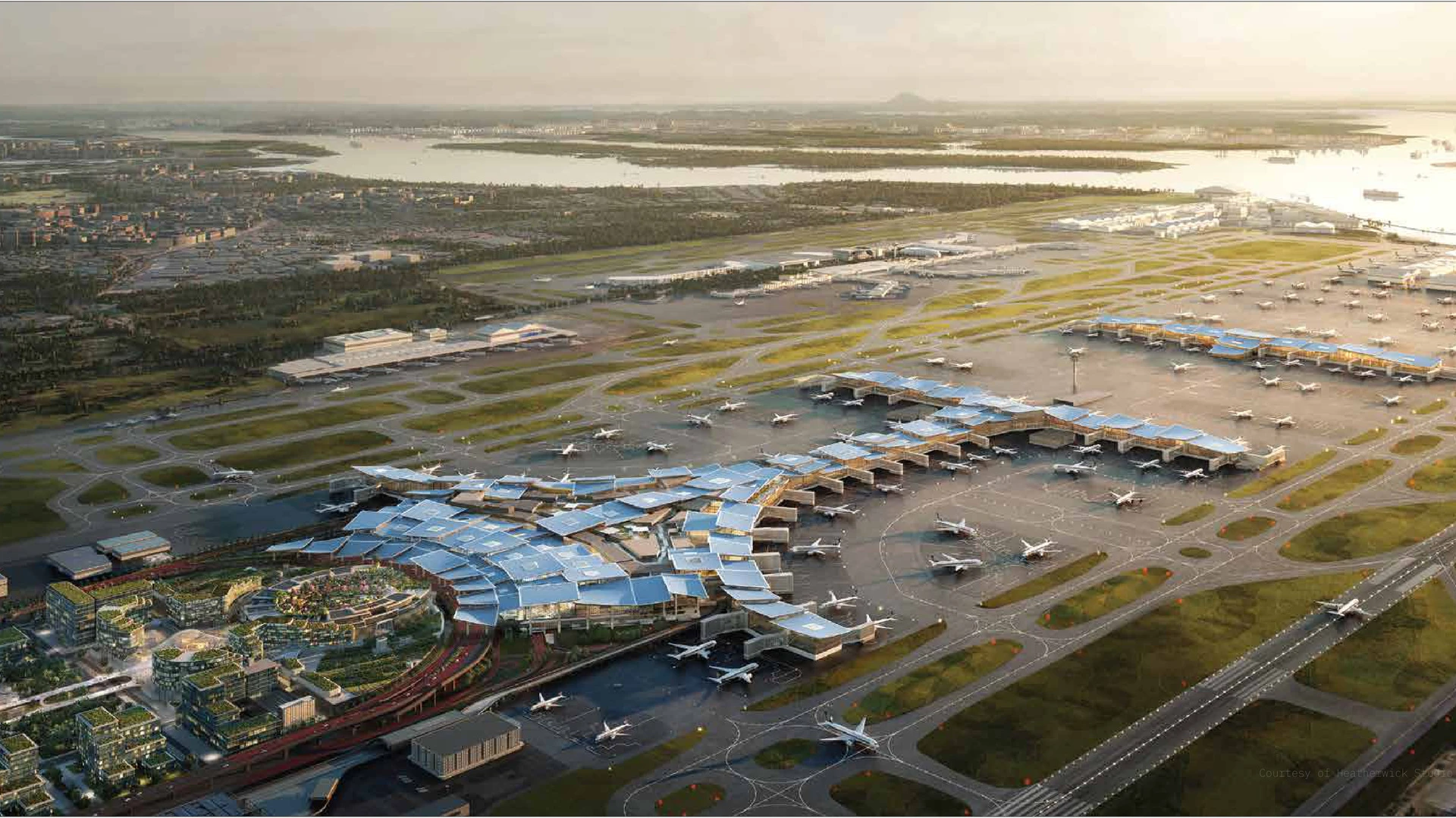 Changi Terminal 5 in Singapore, an aerial architectural visualisation. Image: Heatherwick Studio.
